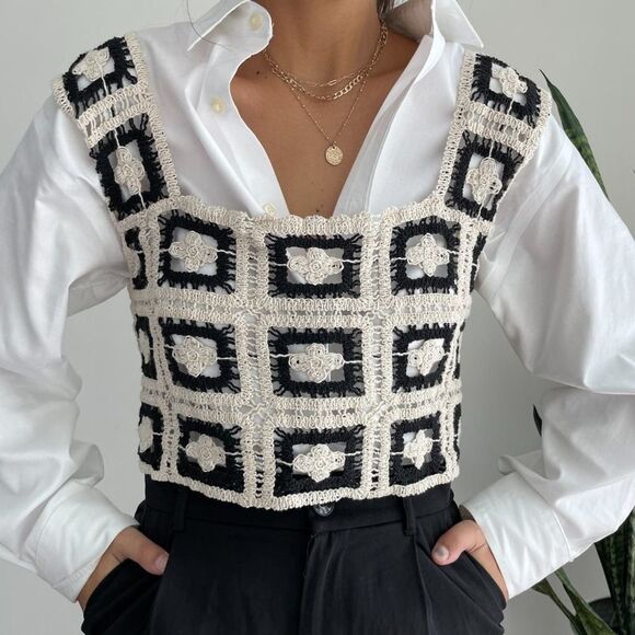 Crochet Knit Square Neck Cropped Sweater Vest in Neutral - Picture 3 of 8